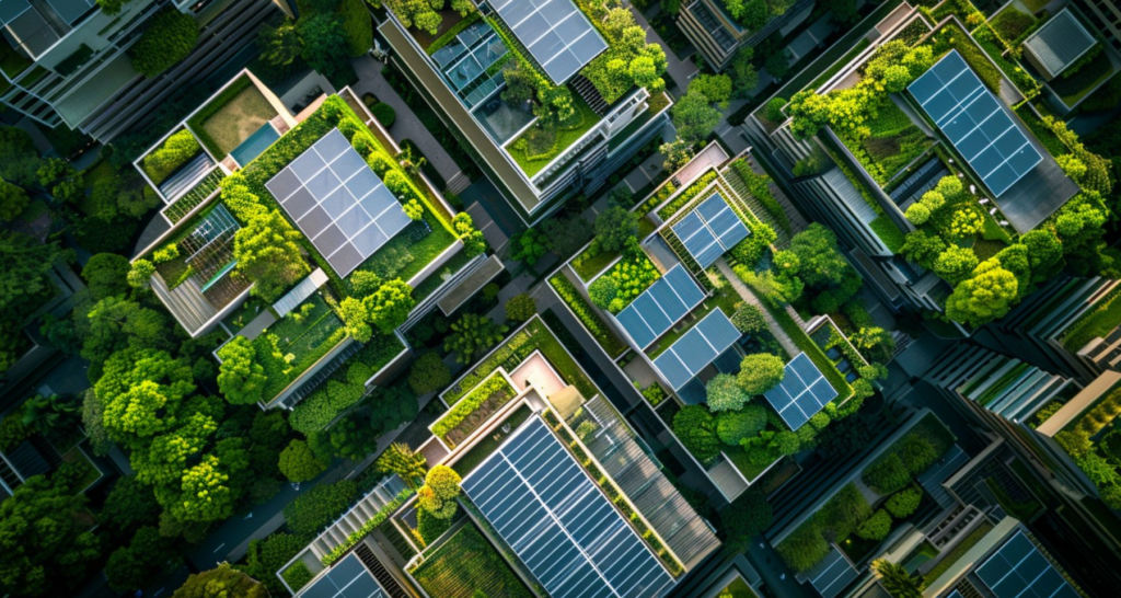 buildings with living plants and trees on the roof