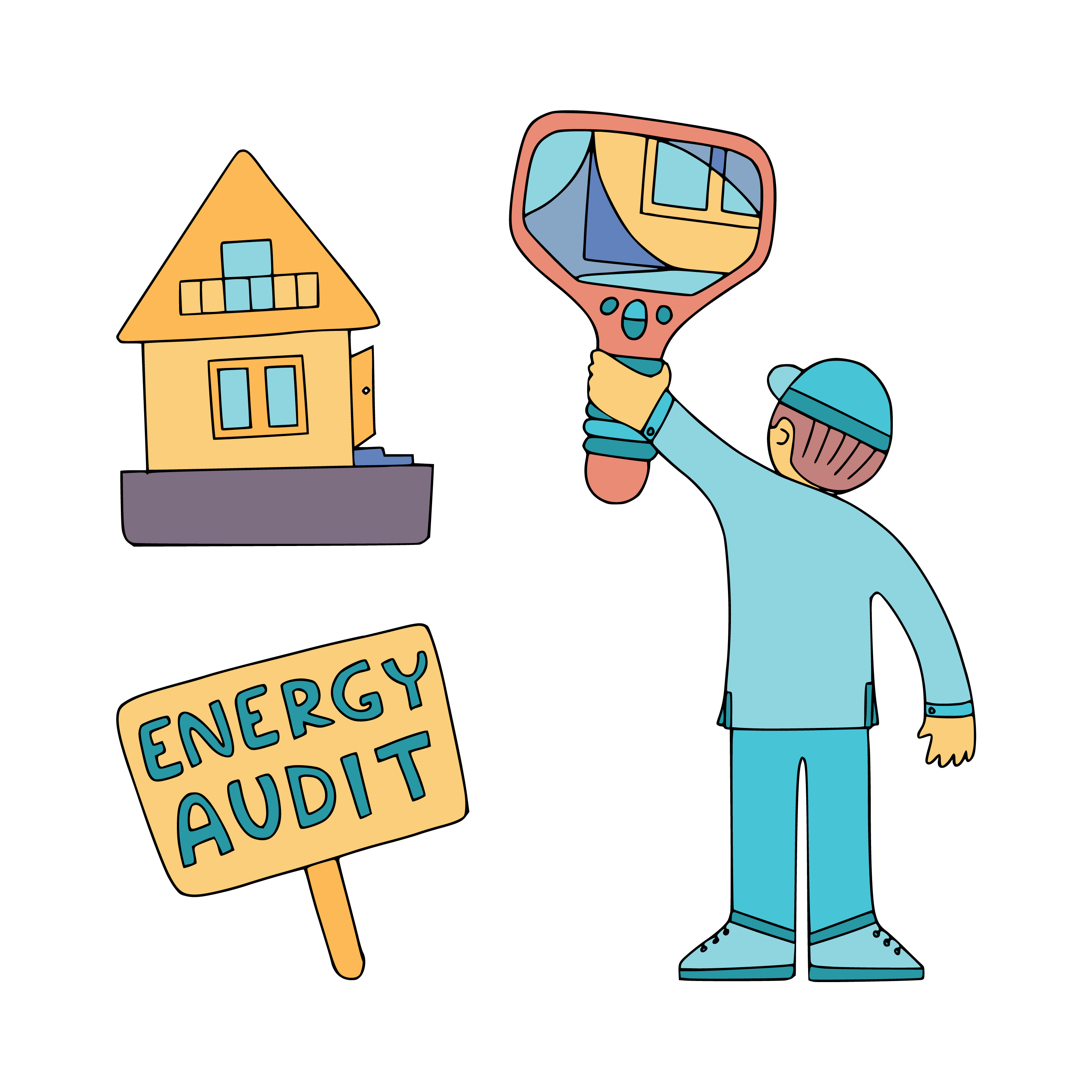 Graphic of a person with a magnifying glass looking at a home with a sign that says energy audit