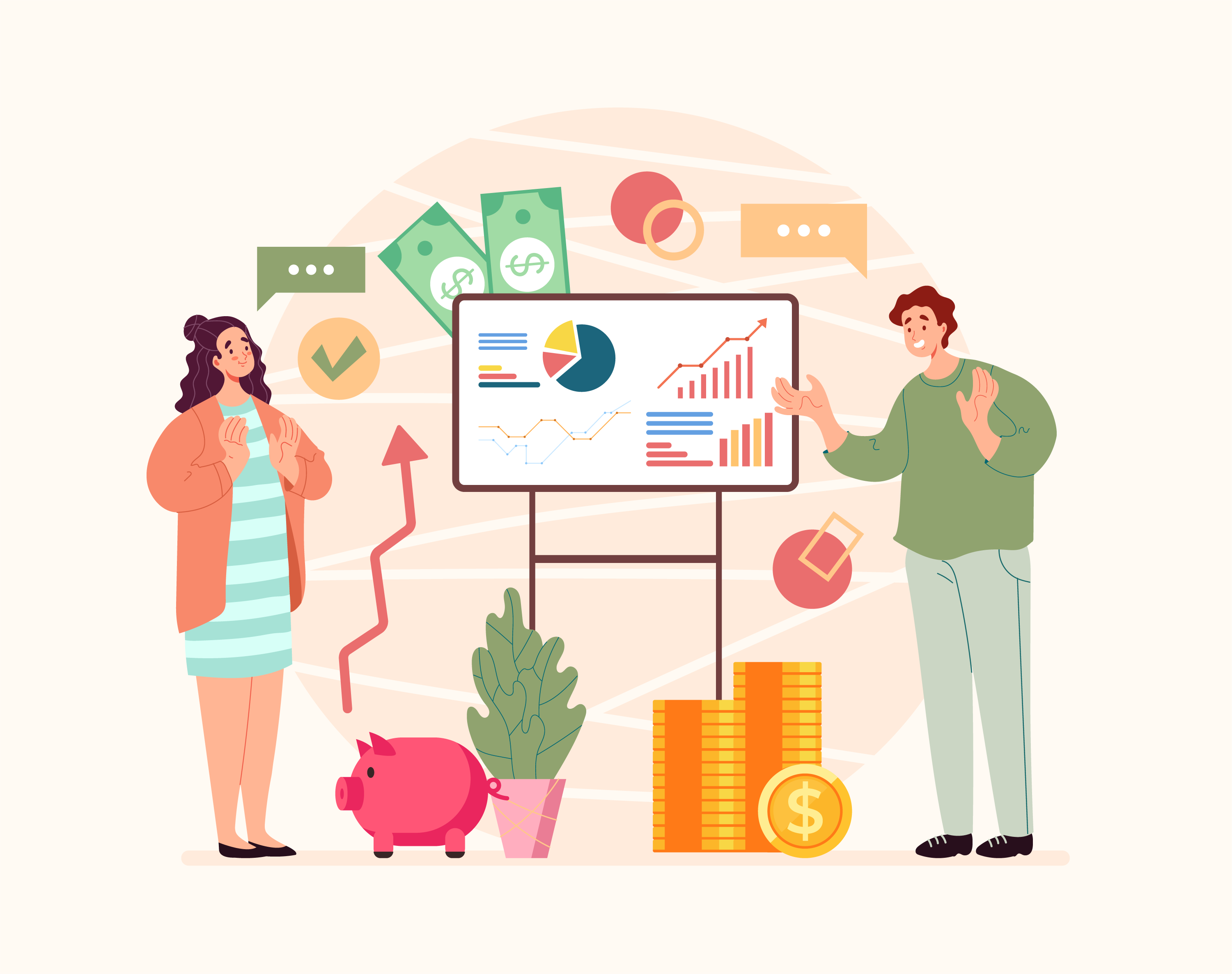 graphic of people communicating about money with a chart