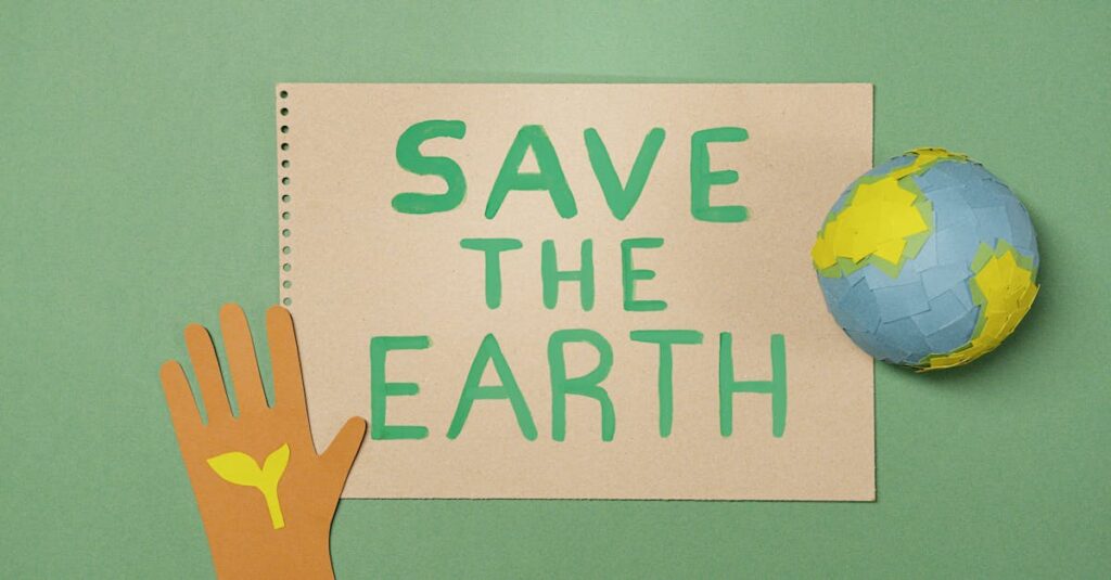 Eco-friendly concept with paper cutouts promoting earth protection and sustainability.
